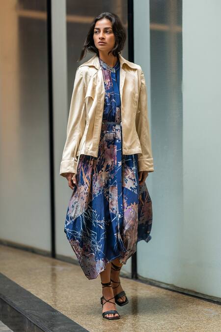 Leh Studios_Ivory Satin Collared Asymmetrical Jacket_Online_at_Aza_Fashions