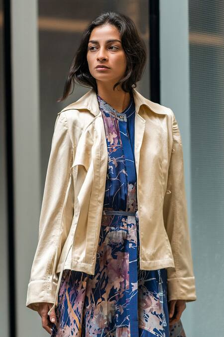 Buy_Leh Studios_Ivory Satin Collared Asymmetrical Jacket_Online_at_Aza_Fashions