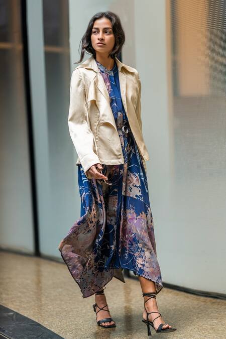 Shop_Leh Studios_Ivory Satin Collared Asymmetrical Jacket_Online_at_Aza_Fashions