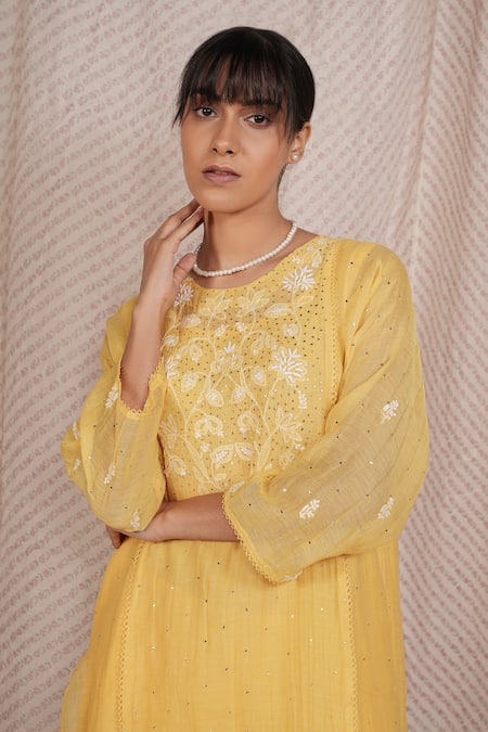 Shop_Pants And Pajamas_Yellow Chanderi, Cotton, Silk Embroidery, Water Color Kurta And Pant - Set Of 2 _Online_at_Aza_Fashions