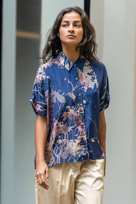 Leh Studios Blue Viscose, Crepe Embroidery Collared Evening Canope Print Day Shirt Online at Aza Fashions Leh Studios_Blue Viscose, Crepe Embroidery Collared Evening Canope Print Day Shirt _Online_at_Aza_Fashions