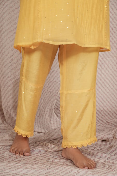 Pants And Pajamas_Yellow Chanderi, Cotton, Silk Embroidery, Water Color Kurta And Pant - Set Of 2 _at_Aza_Fashions