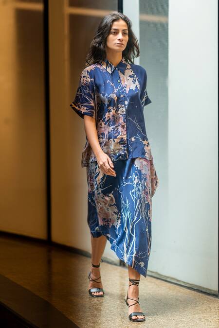 Shop Leh Studios Blue Viscose, Crepe Embroidery Collared Evening Canope Print Day Shirt Online at Aza Fashions Shop_Leh Studios_Blue Viscose, Crepe Embroidery Collared Evening Canope Print Day Shirt _Online_at_Aza_Fashions