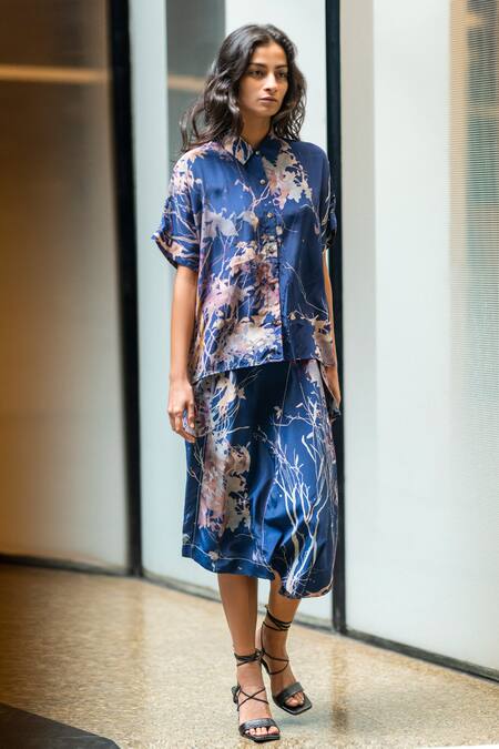 Leh Studios Blue Viscose, Crepe Embroidery Collared Evening Canope Print Day Shirt at Aza Fashions Leh Studios_Blue Viscose, Crepe Embroidery Collared Evening Canope Print Day Shirt _at_Aza_Fashions