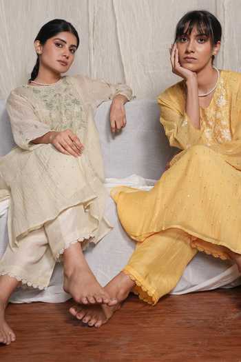 Pants And Pajamas_Beige Cotton Embroidery, Sequins, Lace Water Color Sege Kurta And Pant - Set Of 2 _Online_at_Aza_Fashions