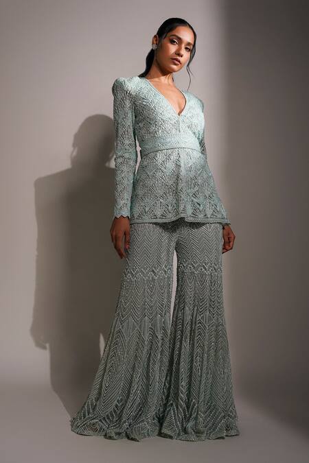 Ritika Mirchandani_Blue Net, Crepe And Double Georgette Resham, Embroidered Short Kurta & Sharara Set _at_Aza_Fashions