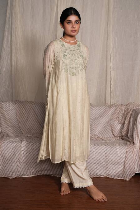 Buy_Pants And Pajamas_Beige Cotton Silk Embroidery Sequin Water Color Sege Lace Trim Hem Pant_Online_at_Aza_Fashions