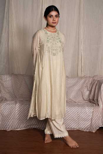 Pants And Pajamas_Beige Chanderi, Water Color Sege Chikankari Kurta Pant And Dupatta - Set Of 3 _Online_at_Aza_Fashions