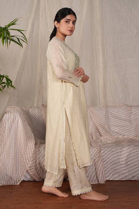 Shop_Pants And Pajamas_Beige Cotton Silk Embroidery Sequin Water Color Sege Lace Trim Hem Pant_Online_at_Aza_Fashions