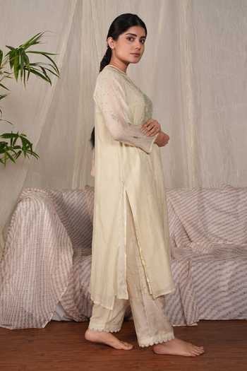 Buy_Pants And Pajamas_Beige Chanderi, Muslin Embroidery Round Neck Water Color Sege Chikankari Kurta _Online_at_Aza_Fashions