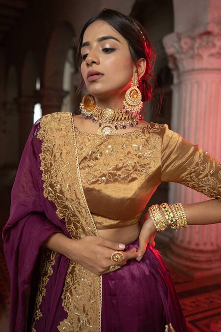 Sheela Suthar Purple Gingham, Silk Embroidery, Zari, Tassels Placement Zardozi Lehenga Set Online at Aza Fashions Sheela Suthar_Purple Gingham, Silk Embroidery, Zari, Tassels Placement Zardozi Lehenga Set _Online_at_Aza_Fashions