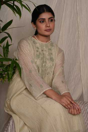 Shop_Pants And Pajamas_Beige Chanderi, Muslin Embroidery Round Neck Water Color Sege Chikankari Kurta _Online_at_Aza_Fashions