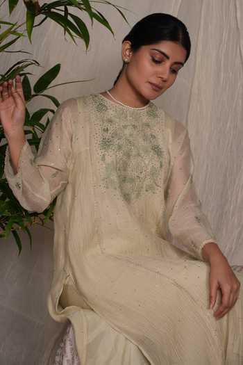 Pants And Pajamas_Beige Chanderi, Muslin Embroidery Round Neck Water Color Sege Chikankari Kurta _at_Aza_Fashions