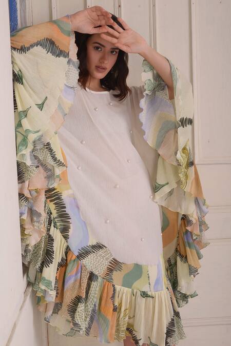 Buy_Shwetanga_Ivory Cotton Pearls, Embroidery Round Neck Organic Dress _Online_at_Aza_Fashions