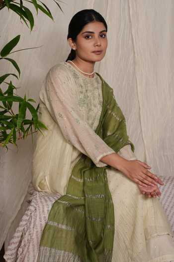Shop_Pants And Pajamas_Beige Chanderi, Water Color Sege Chikankari Kurta Pant And Dupatta - Set Of 3 _Online_at_Aza_Fashions