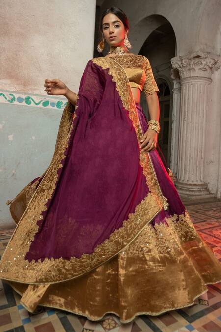 Buy Sheela Suthar Purple Gingham, Silk Embroidery, Zari, Tassels Placement Zardozi Lehenga Set Online at Aza Fashions Buy_Sheela Suthar_Purple Gingham, Silk Embroidery, Zari, Tassels Placement Zardozi Lehenga Set _Online_at_Aza_Fashions