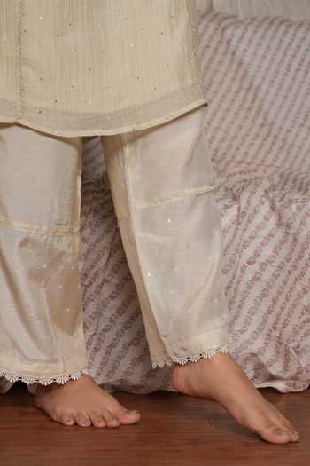 Pants And Pajamas_Beige Cotton Embroidery, Sequins, Lace Water Color Sege Kurta And Pant - Set Of 2 _at_Aza_Fashions