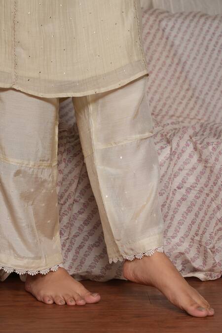 Pants And Pajamas_Beige Cotton Silk Embroidery Sequin Water Color Sege Lace Trim Hem Pant_at_Aza_Fashions