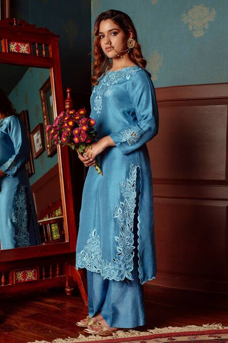 Shop_LAHARIO_Blue , Organza, Denim Embroidery, Cut Work Kurta Bell Bottom Pant Set _Online_at_Aza_Fashions