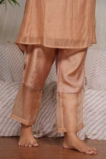 Pants And Pajamas_Beige Cotton, Silk V-neck Crayon Kurta And Pant - Set Of 2 _Online_at_Aza_Fashions