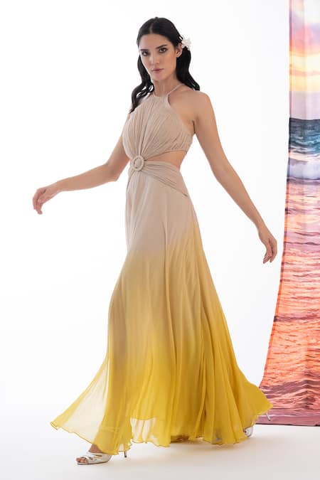 AMRTA by GUNEET KONDAL_Off White Viscose, Georgette Halter Neck Ombre Gown _Online_at_Aza_Fashions
