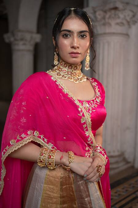 Shop Sheela Suthar Multi Color Gabardine, Silk, Gingham Embroidery Scoop Neck Panelled Lehenga Set Online at Aza Fashions Shop_Sheela Suthar_Multi Color Gabardine, Silk, Gingham Embroidery Scoop Neck Panelled Lehenga Set _Online_at_Aza_Fashions