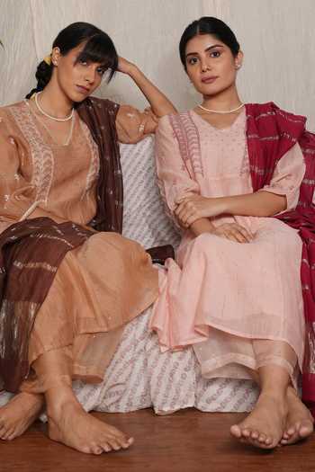 Pants And Pajamas_Beige Cotton, Silk, Chiffon Crayon Chikankari Kurta Pant And Dupatta - Set Of 3 _Online_at_Aza_Fashions