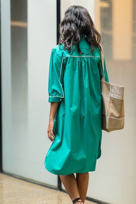 Leh Studios Green Cotton Collared Checkered Pattern Shirt Dress Online at Aza Fashions Leh Studios_Green Cotton Collared Checkered Pattern Shirt Dress _Online_at_Aza_Fashions