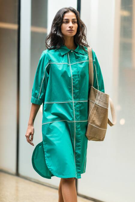 Buy Leh Studios Green Cotton Collared Checkered Pattern Shirt Dress Online at Aza Fashions Buy_Leh Studios_Green Cotton Collared Checkered Pattern Shirt Dress _Online_at_Aza_Fashions