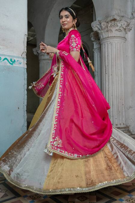 Sheela Suthar Multi Color Gabardine, Silk, Gingham Embroidery Scoop Neck Panelled Lehenga Set at Aza Fashions Sheela Suthar_Multi Color Gabardine, Silk, Gingham Embroidery Scoop Neck Panelled Lehenga Set _at_Aza_Fashions