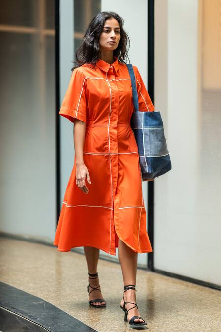 Buy_Leh Studios_Orange Cotton, Poplin Collared Asymmetrical Checkered Shirt Dress _Online_at_Aza_Fashions