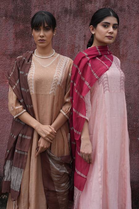 Pants And Pajamas_Pink Cotton Silk Embroidery Sequin Crayon Blush Pant_Online_at_Aza_Fashions