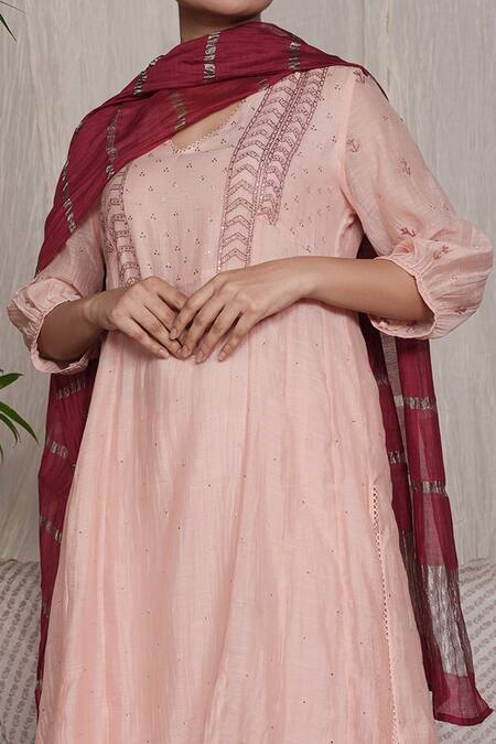 Pants And Pajamas_Pink Cotton, Silk Embroidery, Crayon Blush Chikankari Kurta And Pant - Set Of 2 _Online_at_Aza_Fashions