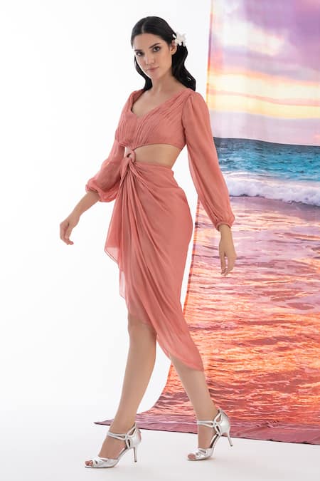 Amrta By Guneet Kondal_Peach Chiffon, Viscose V-neck Ruched Cutout Asymmetrical Draped Dress _Online_at_Aza_Fashions