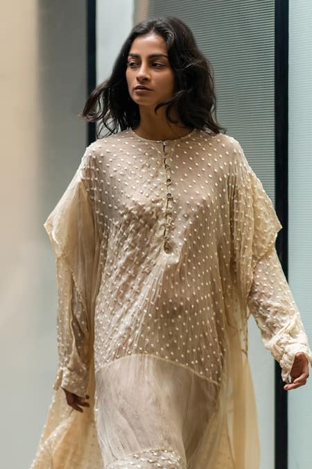Leh Studios_Ivory Viscose, Organza Embroidery Round Neck Kaftan_Online_at_Aza_Fashions
