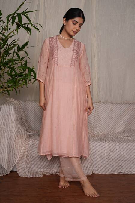 Buy_Pants And Pajamas_Pink Cotton Silk Embroidery Sequin Crayon Blush Pant_Online_at_Aza_Fashions