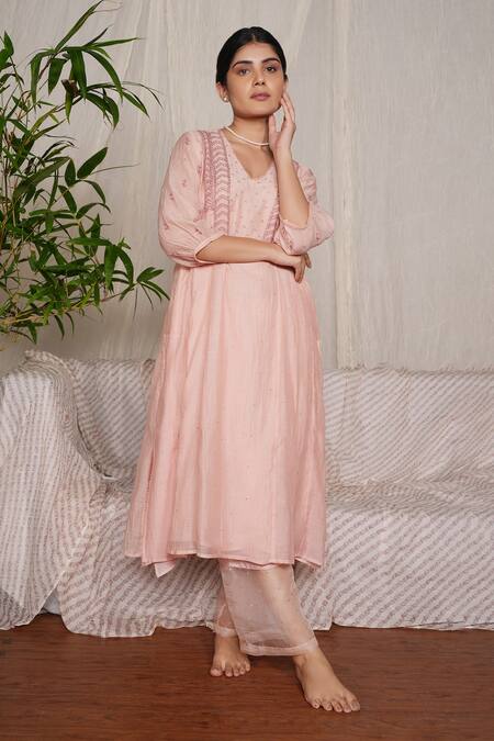 Shop_Pants And Pajamas_Pink Cotton Silk Embroidery Sequin Crayon Blush Pant_Online_at_Aza_Fashions