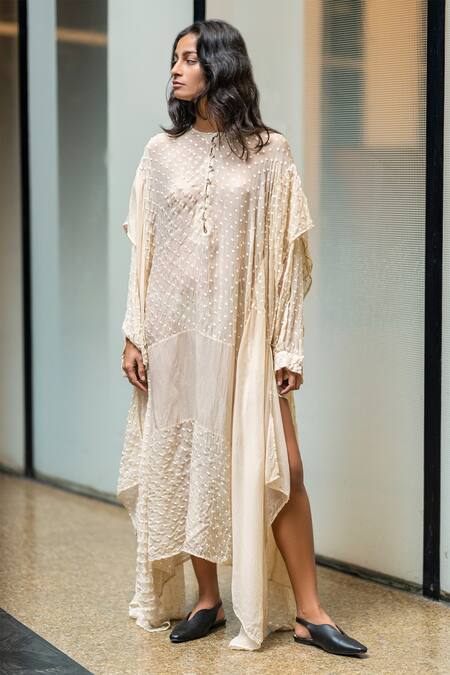 Buy_Leh Studios_Ivory Viscose, Organza Embroidery Round Neck Kaftan_Online_at_Aza_Fashions