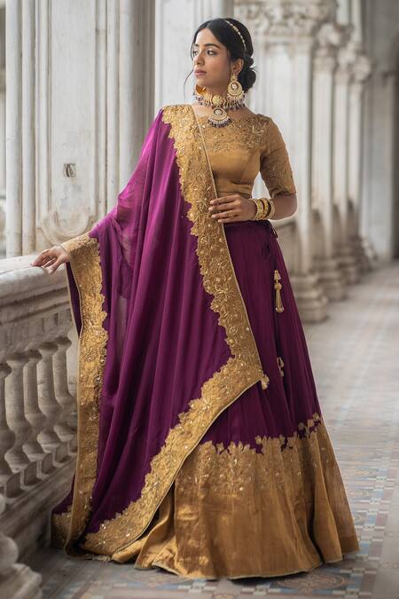 Sheela Suthar Purple Gingham, Silk Embroidery, Zari, Tassels Placement Zardozi Lehenga Set at Aza Fashions Sheela Suthar_Purple Gingham, Silk Embroidery, Zari, Tassels Placement Zardozi Lehenga Set _at_Aza_Fashions