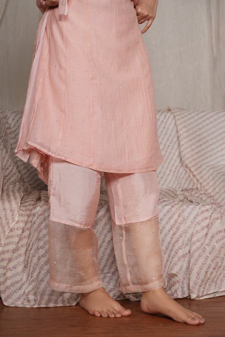 Pants And Pajamas_Pink Cotton, Silk Embroidery, Crayon Blush Chikankari Kurta And Pant - Set Of 2 _at_Aza_Fashions