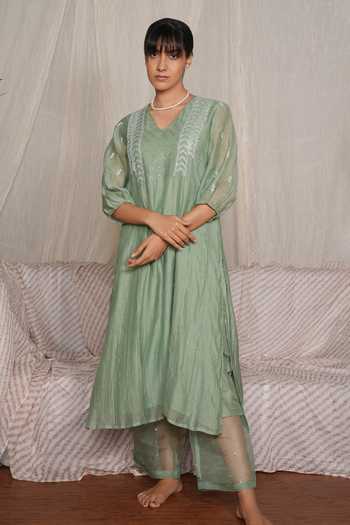 Pants And Pajamas Crayon Moss Green Chikankari Kurta & Pant - Set of 2 