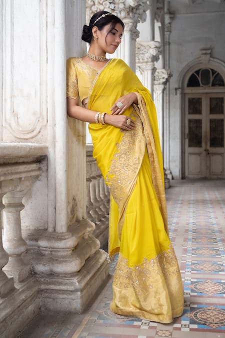 Buy Sheela Suthar Gold Organza Embroidery Border Saree With Running Blouse Online at Aza Fashions Buy_Sheela Suthar_Gold Organza Embroidery Border Saree With Running Blouse _Online_at_Aza_Fashions