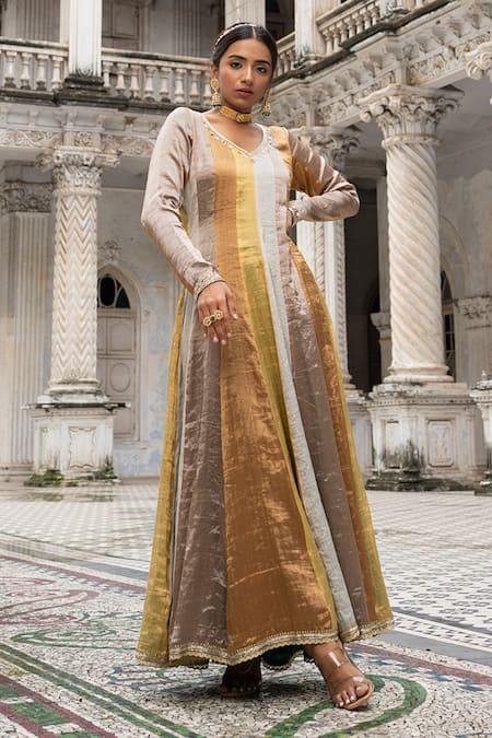Sheela Suthar Multi Color Silk, Chiffon Zari, Embroidery V-neck Panelled Anarkali With Dupatta Online at Aza Fashions Sheela Suthar_Multi Color Silk, Chiffon Zari, Embroidery V-neck Panelled Anarkali With Dupatta _Online_at_Aza_Fashions