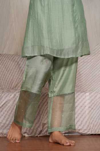 Buy_Pants And Pajamas_Green Chanderi, Cotton, Silk Crayon Moss Chikankari Kurta And Pant - Set Of 2 _Online_at_Aza_Fashions