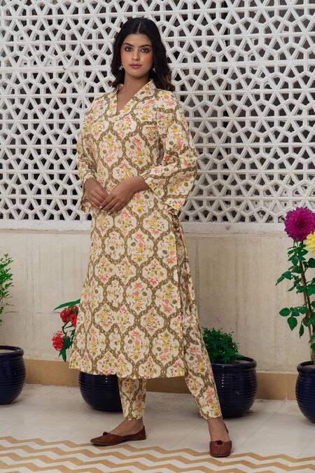 Shop Rivaaj Clothing Cream Mughal Block Print Kurta And Pant Set Online at Aza Fashions Shop_Rivaaj Clothing_Cream Mughal Block Print Kurta And Pant Set _Online_at_Aza_Fashions