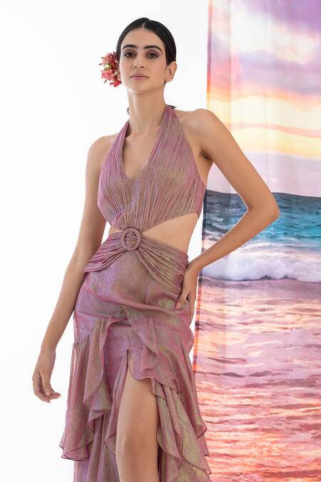 Buy_Amrta By Guneet Kondal_Pink Viscose, Georgette Halter Neck Asymmetrical Gown _Online_at_Aza_Fashions