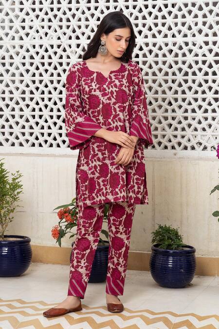 Buy_Rivaaj Clothing_Magenta Garden Block Print Kurta And Pant Set _Online_at_Aza_Fashions