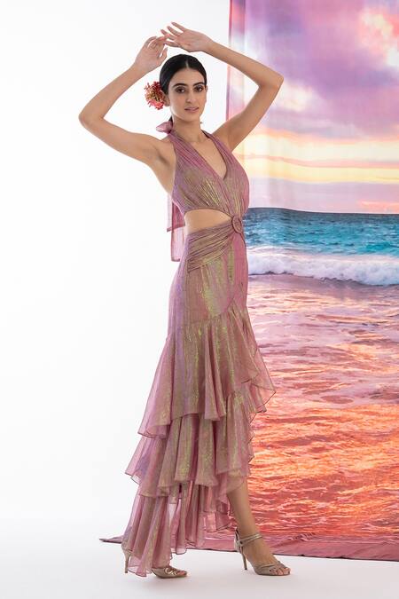 Shop_Amrta By Guneet Kondal_Pink Viscose, Georgette Halter Neck Asymmetrical Gown _Online_at_Aza_Fashions
