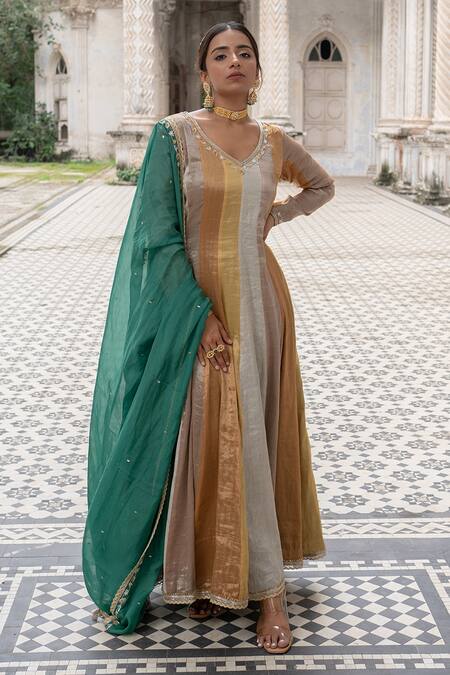 Buy Sheela Suthar Multi Color Silk, Chiffon Zari, Embroidery V-neck Panelled Anarkali With Dupatta Online at Aza Fashions Buy_Sheela Suthar_Multi Color Silk, Chiffon Zari, Embroidery V-neck Panelled Anarkali With Dupatta _Online_at_Aza_Fashions