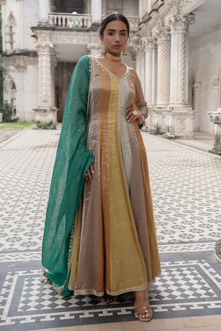 Shop Sheela Suthar Multi Color Silk, Chiffon Zari, Embroidery V-neck Panelled Anarkali With Dupatta Online at Aza Fashions Shop_Sheela Suthar_Multi Color Silk, Chiffon Zari, Embroidery V-neck Panelled Anarkali With Dupatta _Online_at_Aza_Fashions